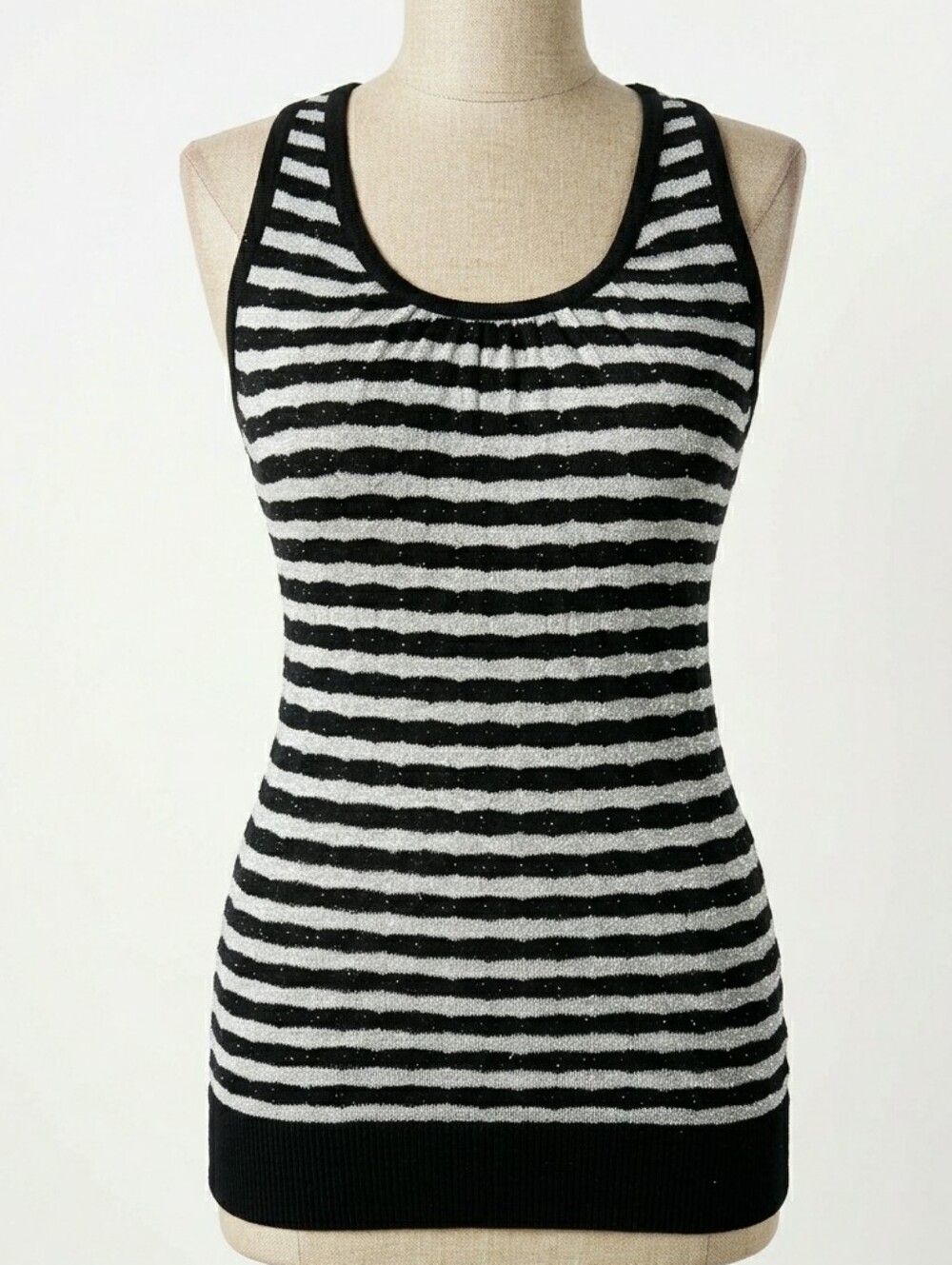 Vintage 90s Y2K Black Silver Sparkly Metallic Striped Racerback Tank Top Small